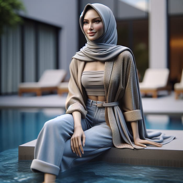 Radiant Indonesian Woman in Casual Stylish Hijab at Serene Jacuzzi
