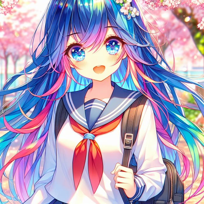 Anime Girl with Vibrant Long Hair in School Uniform