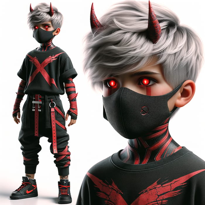 Young Caucasian Boy with Sinister Black Mask and Red Eyes