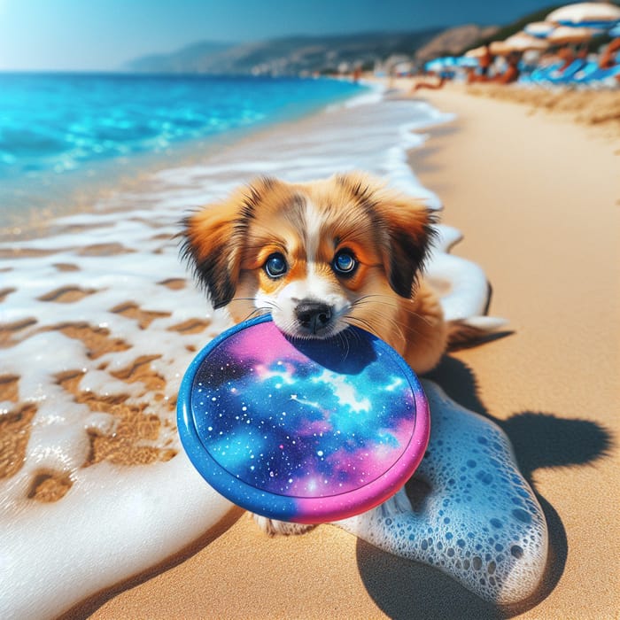 Playful Dog with Frisbee on Golden Beach