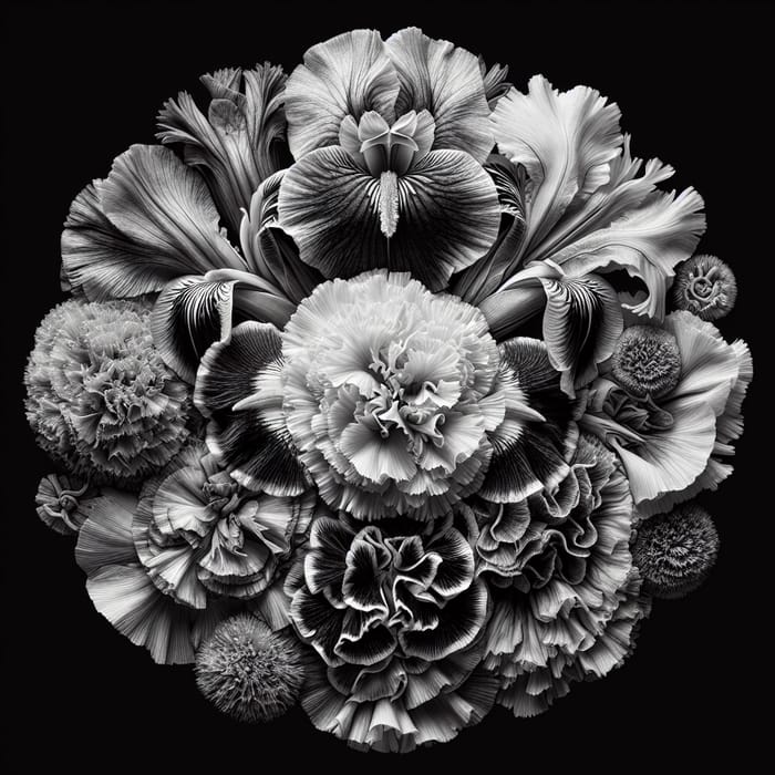 Detailed Monochrome Flower Chimera Photo | Iris, Carnation, Rose | HDR Effect, Botanical Photography