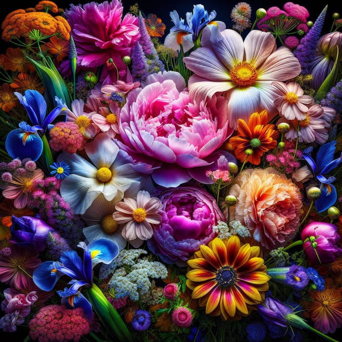 Vibrant Botanical Fusion: Peony, Iris, Cosmos, and Daisy Photography