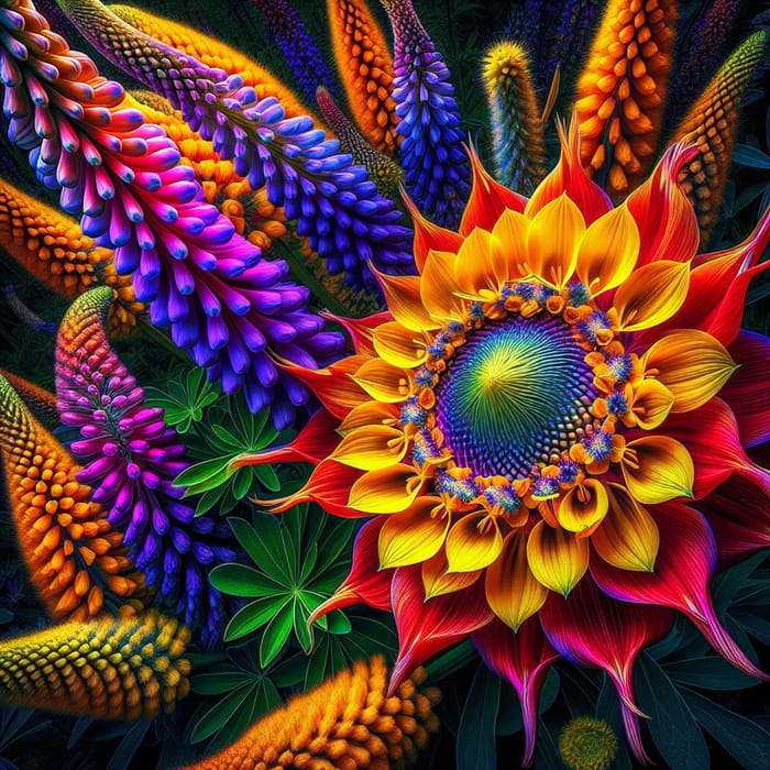 Vibrant Sunflowers, Salvias, and Lupines in Detailed HDR Botanical Photography
