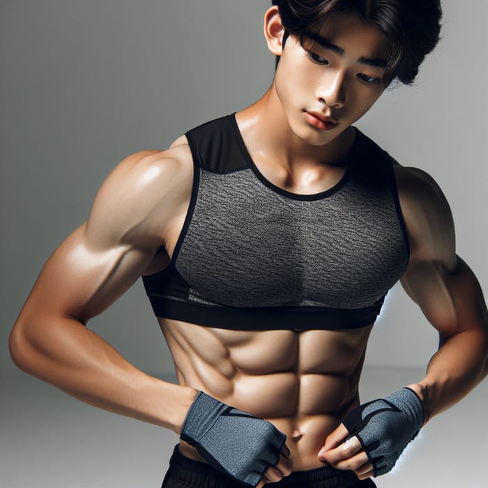 Physically Fit Asian Teenage Boy with Eight-Pack Abs
