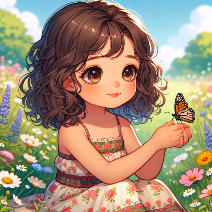 Cute Girl in Summer Dress with Butterfly in Wildflower Field