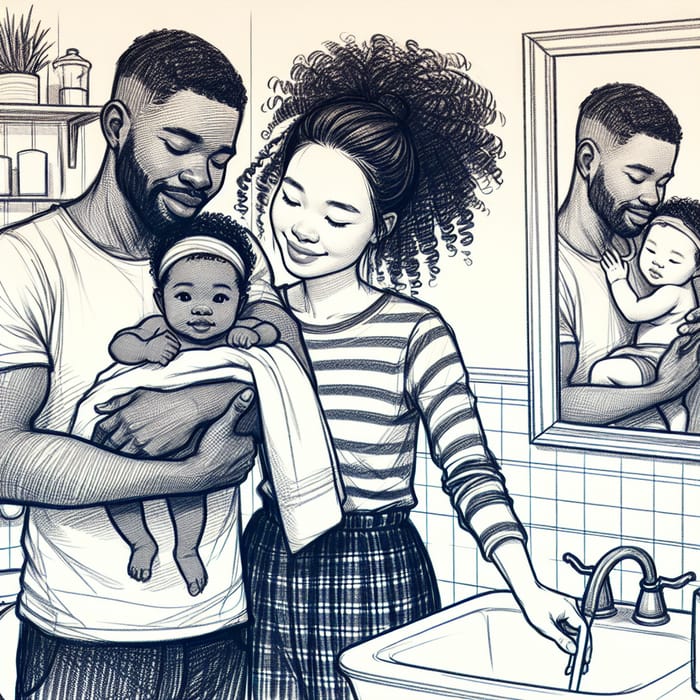 Diverse Family Bathroom Pencil Sketch Art