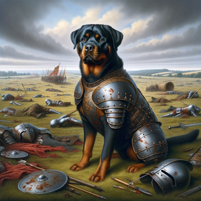 Resilient Rottweiler Warrior in Armor on Battlefield