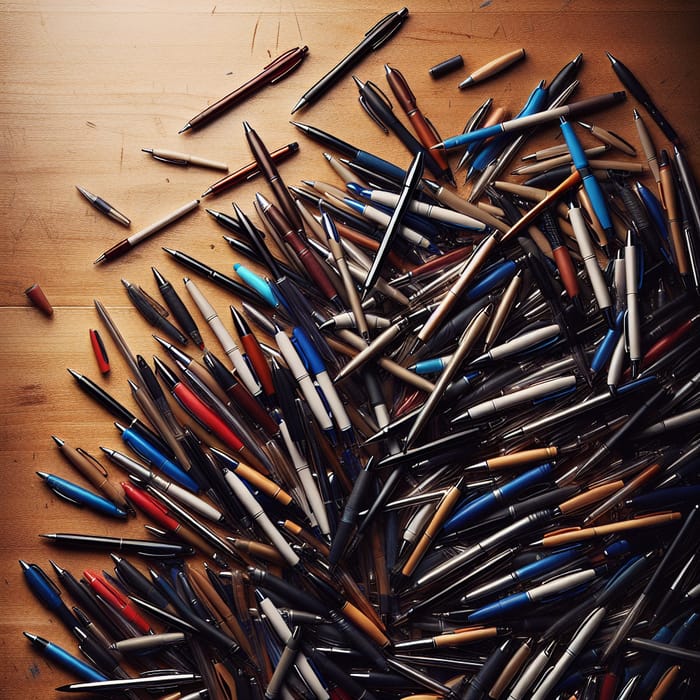 Scattered Ballpoint Pens on Polished Wooden Desk