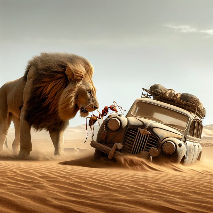 Lion, Ant, and Vintage Car Scene in the Desert