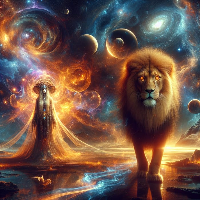 Surreal Sci-Fi Scene: Lion and Enigmatic Witch Encounter