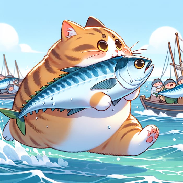 Chubby Cat Running with Mackerel Fish - Cute Animal Moment