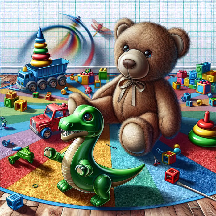Fun and Colorful Toy Illustration with Teddy Bear, Dinosaur & Car