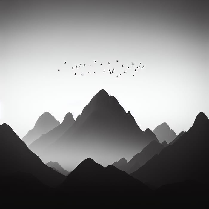 Tranquil Black and White Mountains with Birds in Flight
