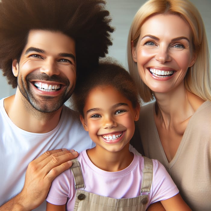 Joyful Afro-Light Man, Blonde Woman, and Daughter Smiling