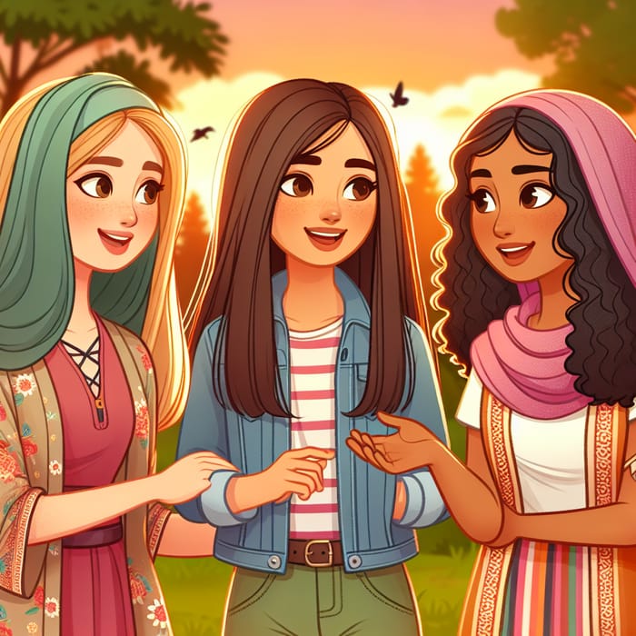 Three Multicultural Girls Chatting Outdoors