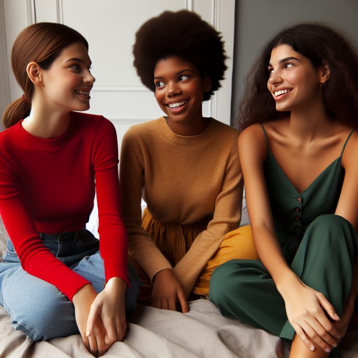 Multicultural Women Laughing Together on Bed