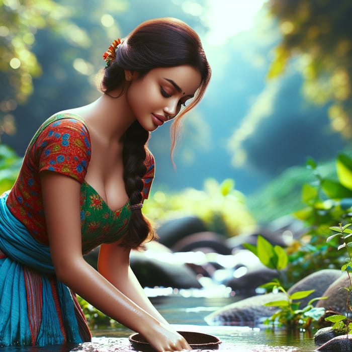 Pretty Girl Collecting Water from River - Serene Natural Scene