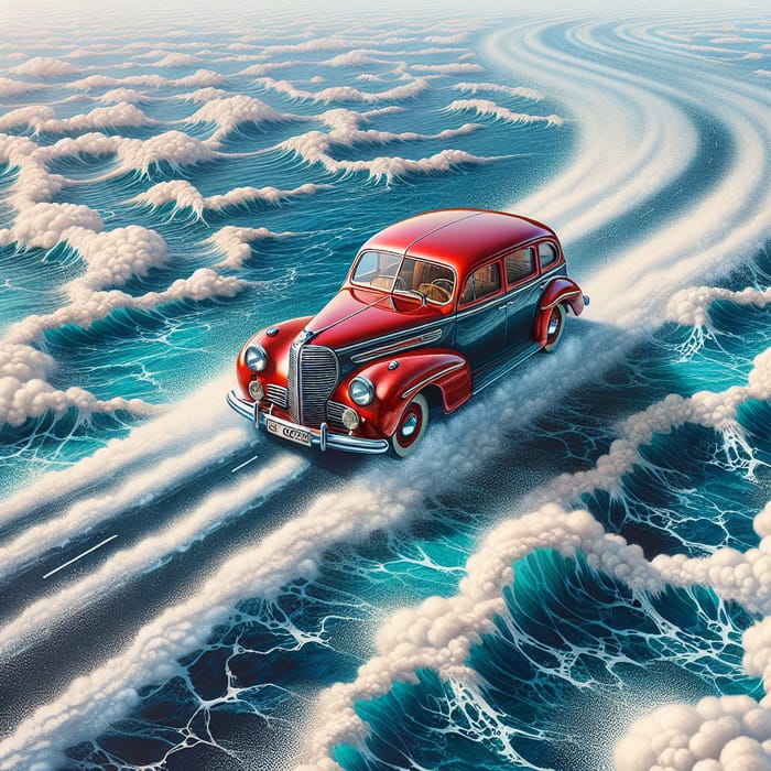 Surreal Vintage Red Car Driving Over Blue Sea