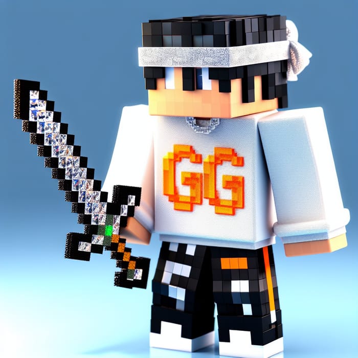 Blocky Pixelated Character with GG Sweatshirt and Diamond Sword