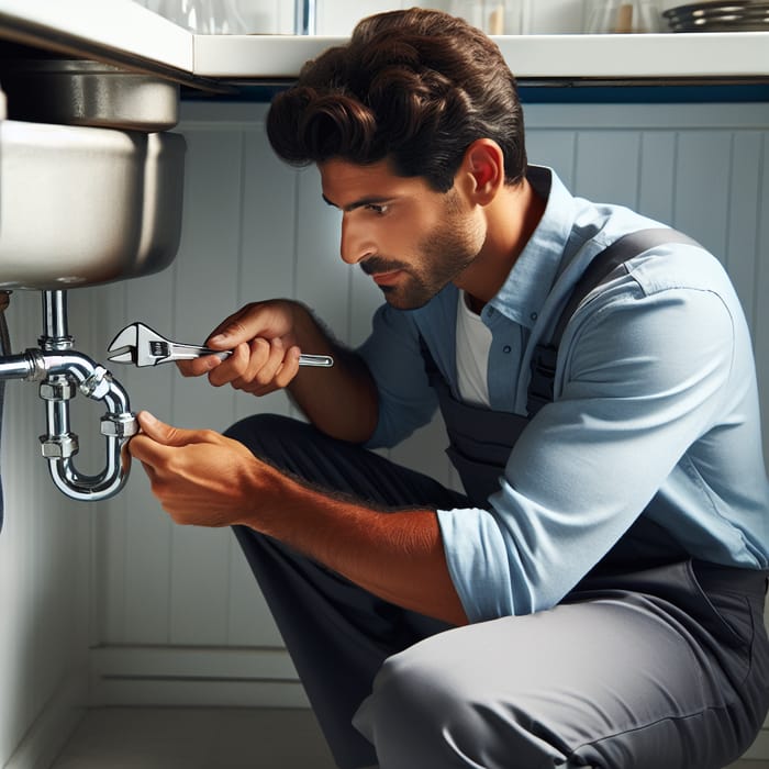 Hispanic Plumber Fixes Leaky Pipe with Expert Service