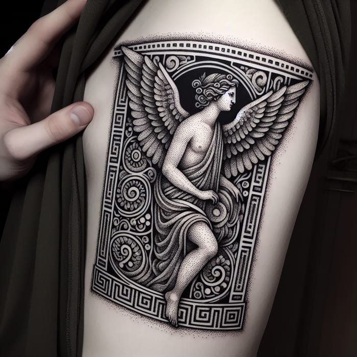 Detailed Greek Style Angel Tattoo in Pointillism | Purity Embodying Design