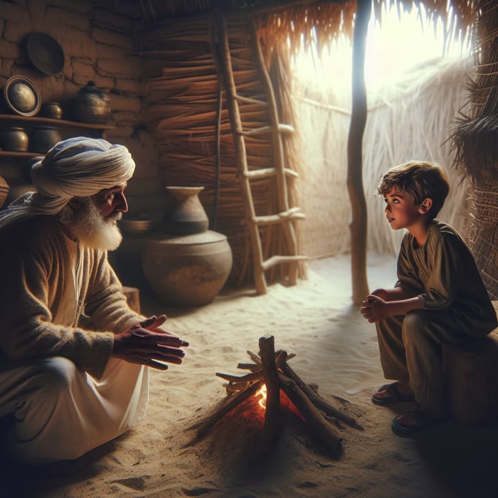 Young Boy Speaking with Elder in Ancient Hut