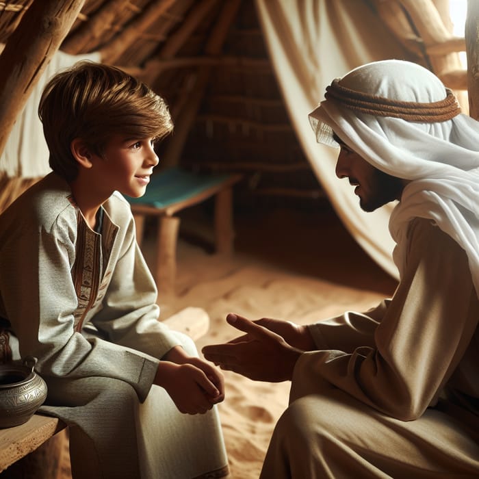 Hut Conversation Between Young Boy and Elderly Man in Pre-Islamic Era