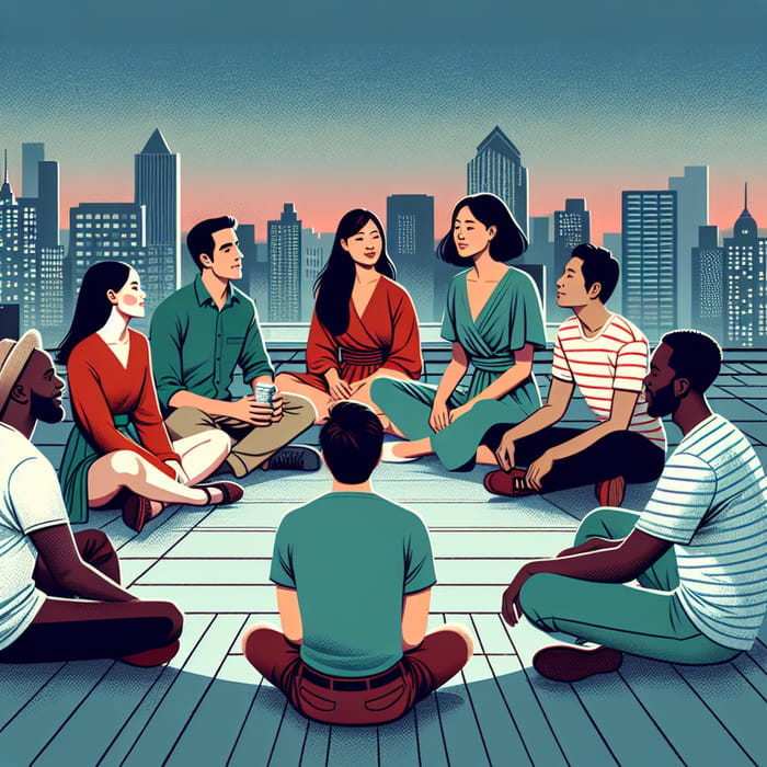 Illustrated Diverse Group Sitting on Building Rooftop