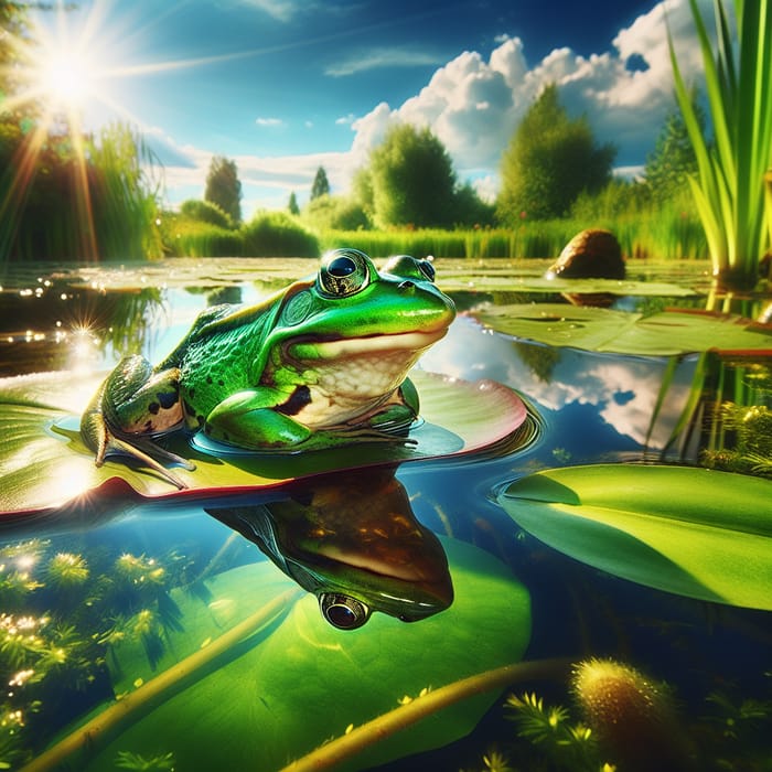 Green Frog on Lily Pad in Serene Pond