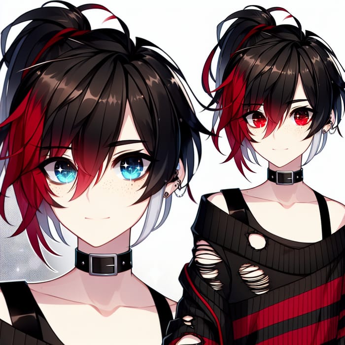 Anime-Style Boy with Black & Red Hair | Mischevious Expression