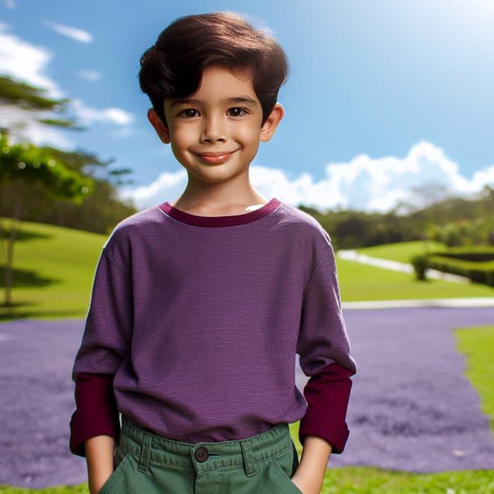Handsome South Asian Boy in Purple Shirt and Green Pants