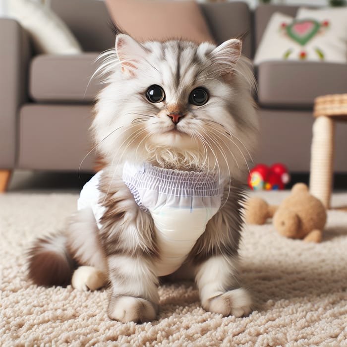 Playful Cat in Diaper | Curious Feline on Carpet
