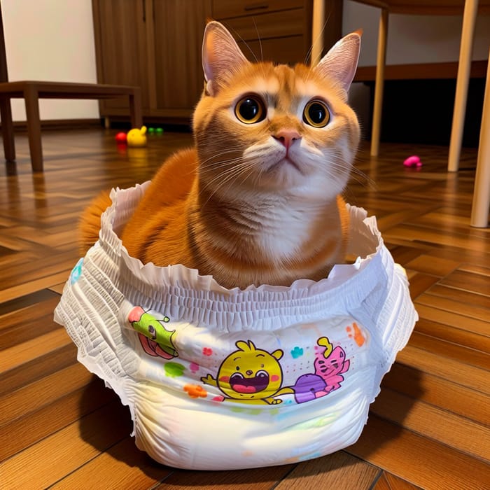 Humorous Ginger Cat Balancing Oversized Diaper