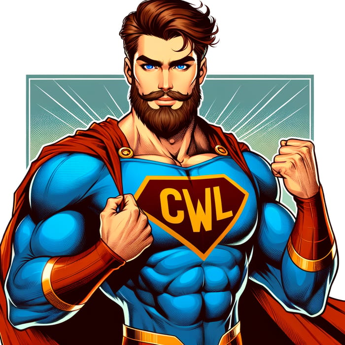 Caucasian Superhero with CWL Logo: Powerfully Displaying Strength