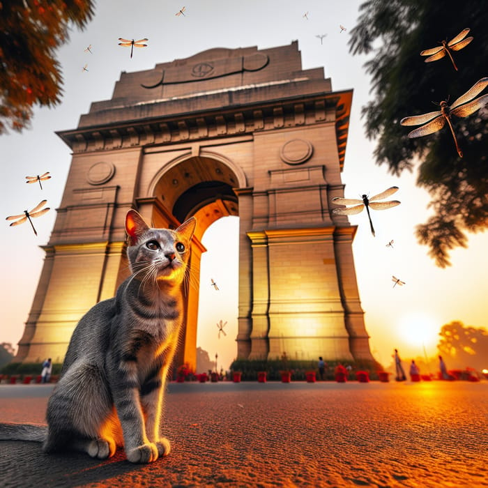 Grey Tabby Cat in Front of India Gate