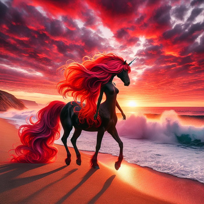 Stunning Red-Haired Centaur on Beach at Sunset - Mythical Beauty