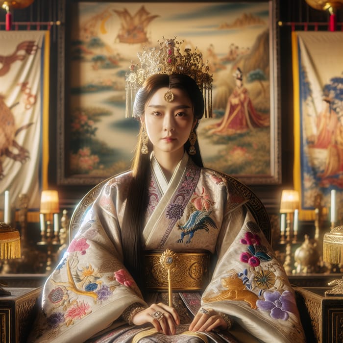 Asian Queen in Regal Attire | Mystical Patterns, Golden Crown