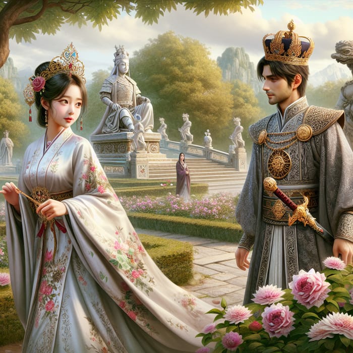 Noble Encounter: Young Lady Meets Prince in Scenic Garden