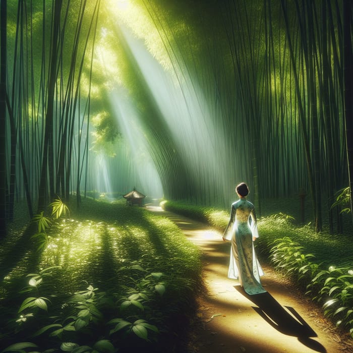 Noble Vietnamese Lady Leisurely Strolling in Bamboo Forest