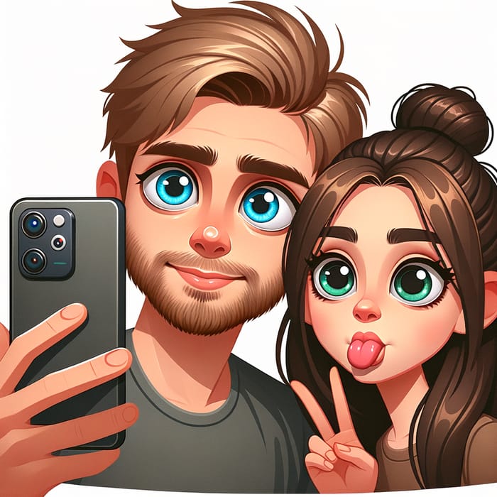 Fun Cartoon Illustration of Couple Taking Funny Selfies