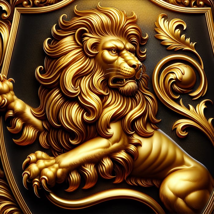 Detailed depiction of a fierce demi-rampant lion on a golden shield