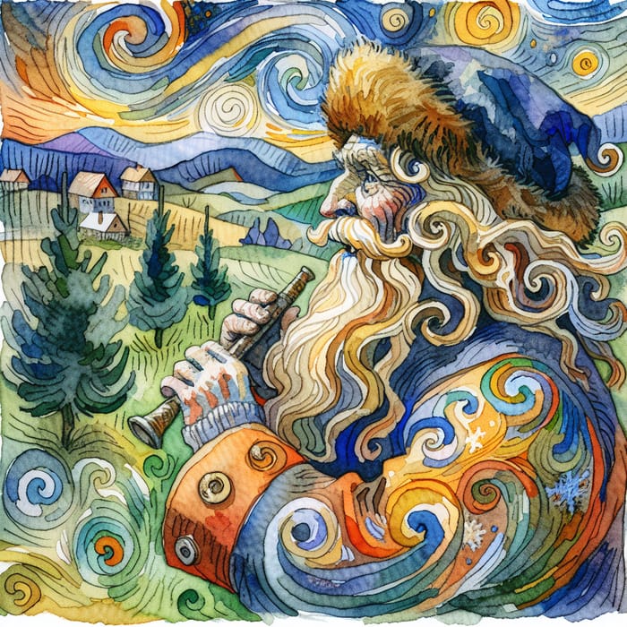 Olentzero Watercolor Portrait in Van Gogh Style - Nature Elements