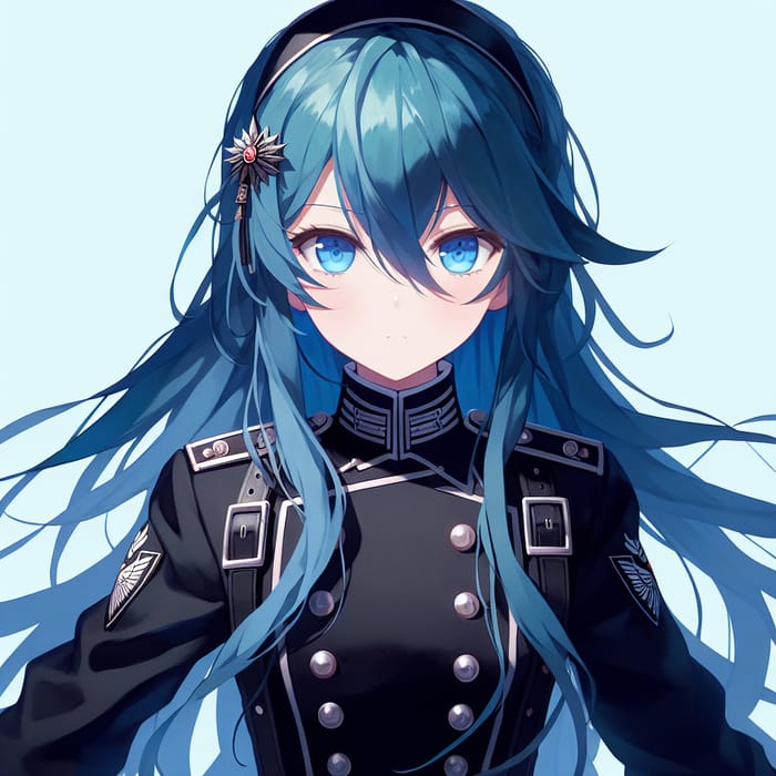 Girl with Striking Blue Hair in Black Military Uniform