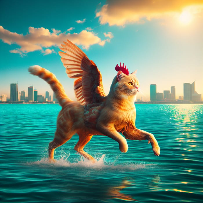 Realistic Cat with Chicken Wings Swimming in Manila Bay