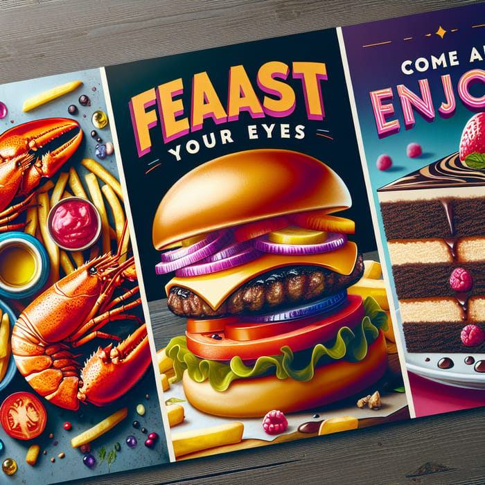 Colorful Food Flyer: Delight in Lobster, Burger & Cake