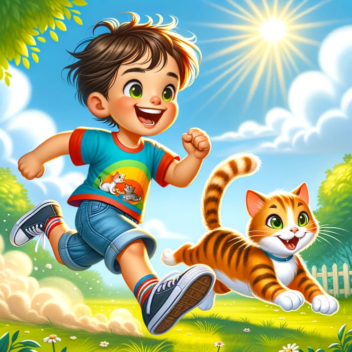 Child and Cat Running Together in Park