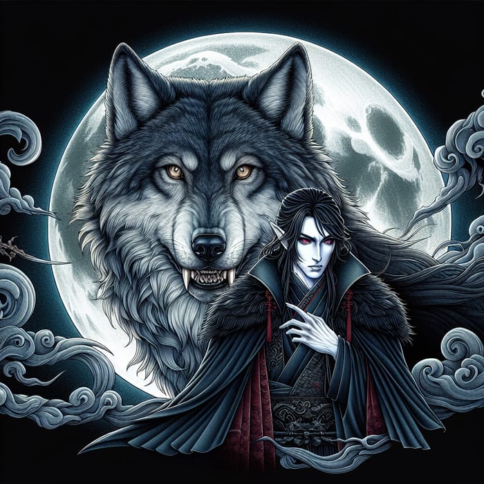 Mystical Wolf and East Asian Vampire in Captivating Encounter
