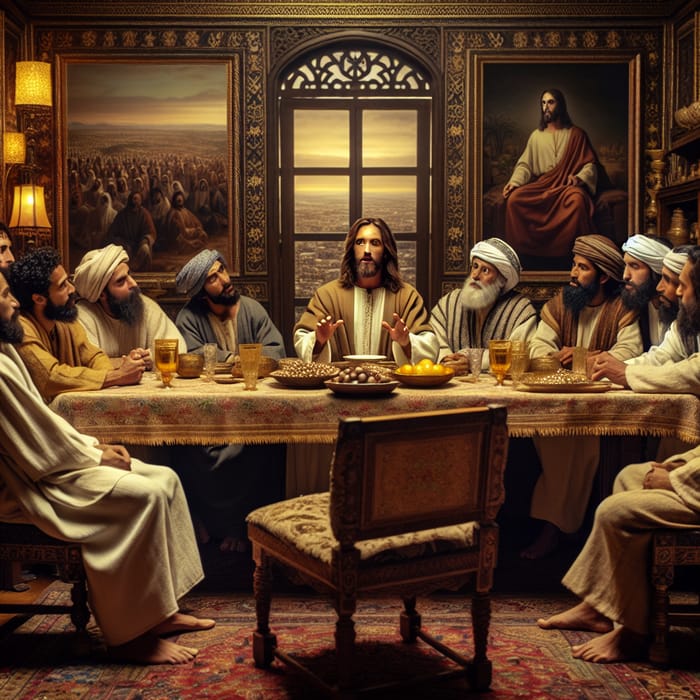 Jesus Teaching Disciples Around Table in Luxurious Setting