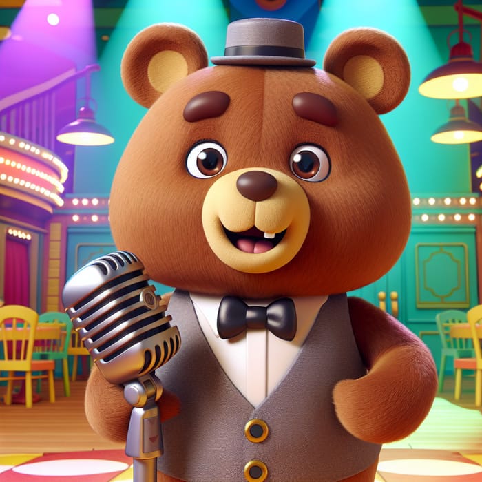 Friendly Bear Character with Playful Expression and Old-Timey Microphone