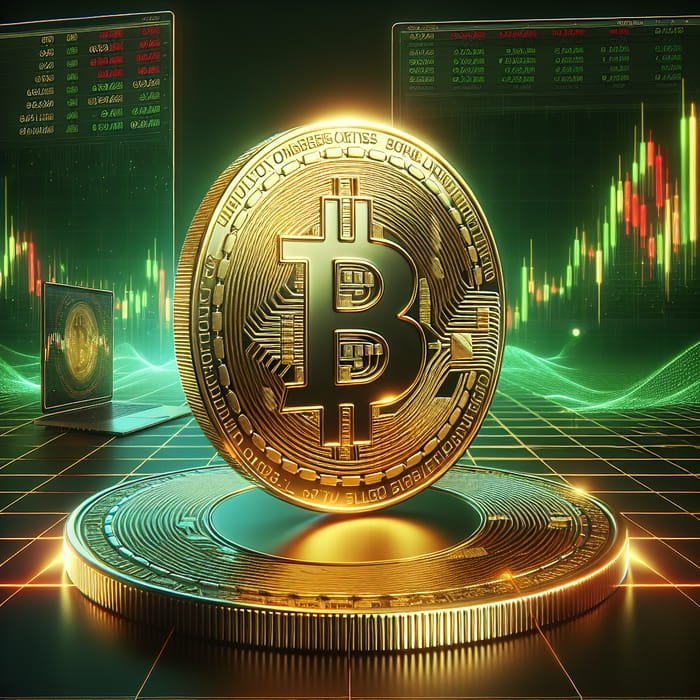 Bitcoin Stock Market Graph: Shiny Gold Coin with B Symbol
